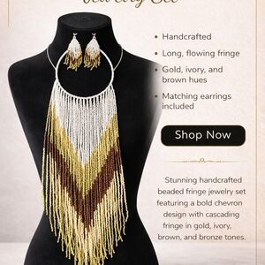Handcrafted Chevron Fringe Jewelry Set in Gold, Ivory, and Brown
